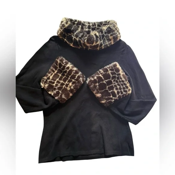 INC Y2K Black Sweater w/ Giraffe Print Faux Fur Collar & Bell Cuffs Medium - Picture 7 of 10